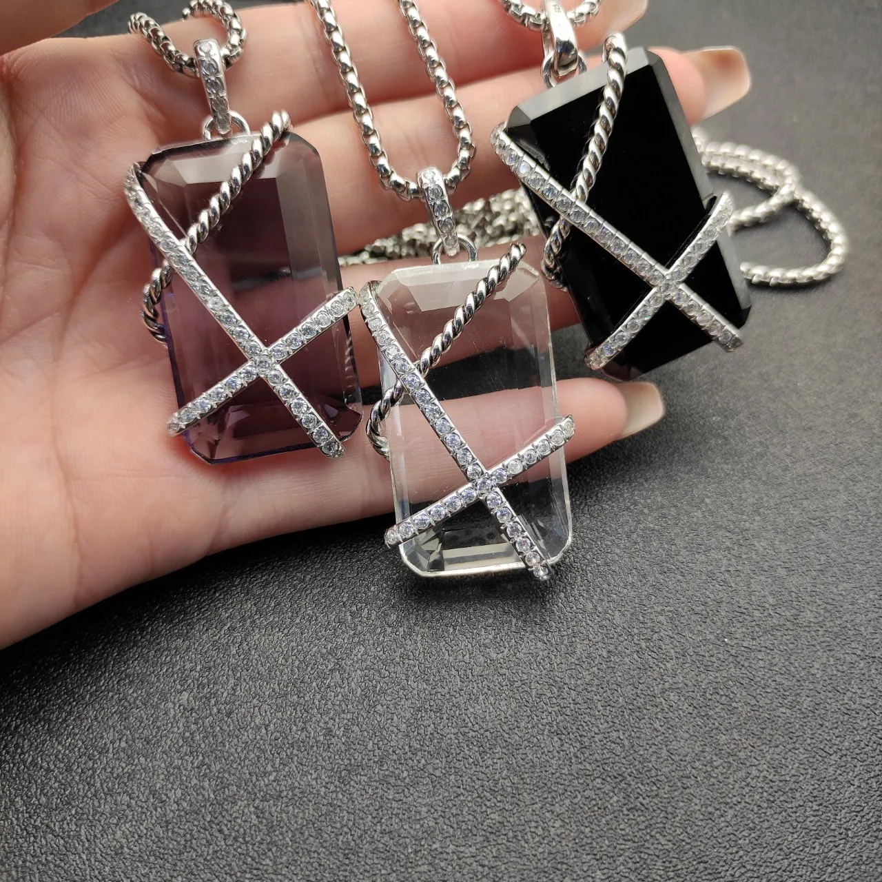 White Silver Rectangular Faceted Stone Twisted Rope Motif Bands Necklace 7