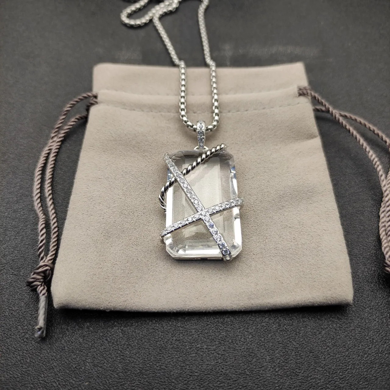 White Silver Rectangular Faceted Stone Twisted Rope Motif Bands Necklace 9