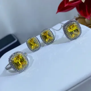 Conjunto de joias halo anel brincos colar com corte almofada amarelo