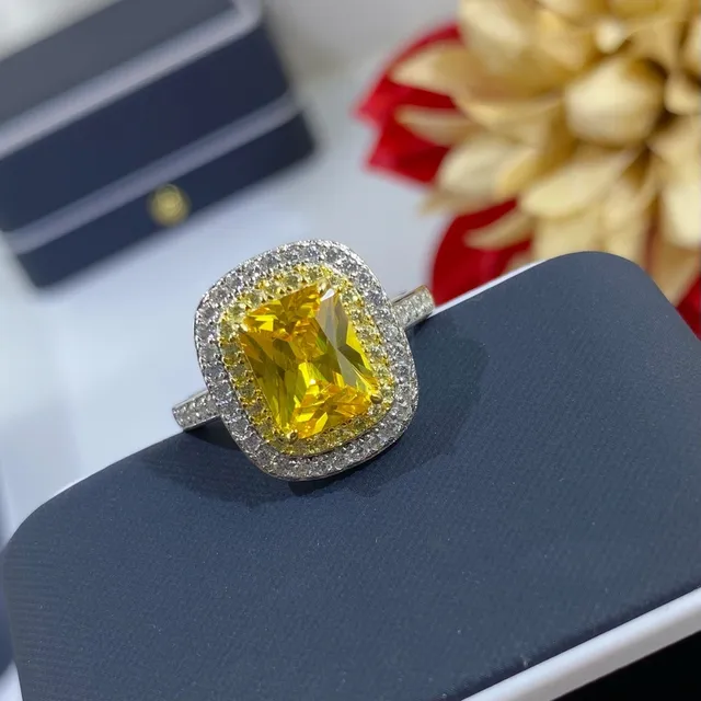 Yellow Cushion-Cut Halo Jewelry Set Ring Earrings Necklace 3