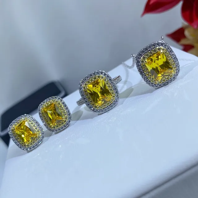 Yellow Cushion-Cut Halo Jewelry Set Ring Earrings Necklace 4