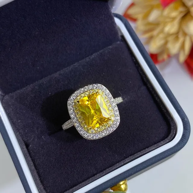 Yellow Cushion-Cut Halo Jewelry Set Ring Earrings Necklace 6