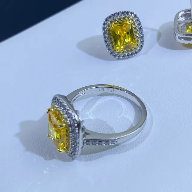 Yellow Cushion-Cut Halo Jewelry Set Ring Earrings Necklace 7