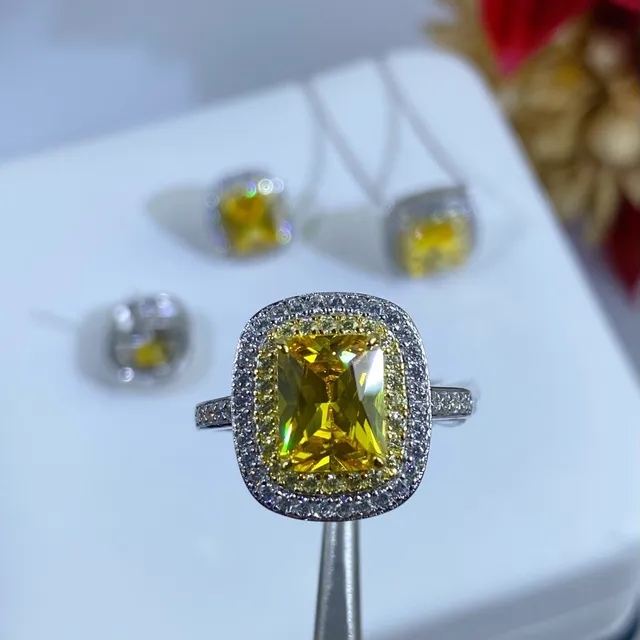 Yellow Cushion-Cut Halo Jewelry Set Ring Earrings Necklace 8