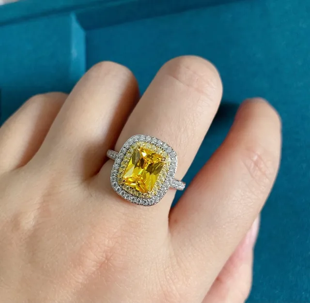 Yellow Cushion-Cut Halo Jewelry Set Ring Earrings Necklace 9