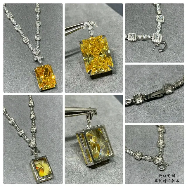 Yellow Silver Rectangular Emerald-Cut Gemstone Pavé-Set White Metal Chain Necklace 2