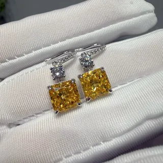 Yellow Silver Square-Cut Gemstone Dangling Drop Design Earrings