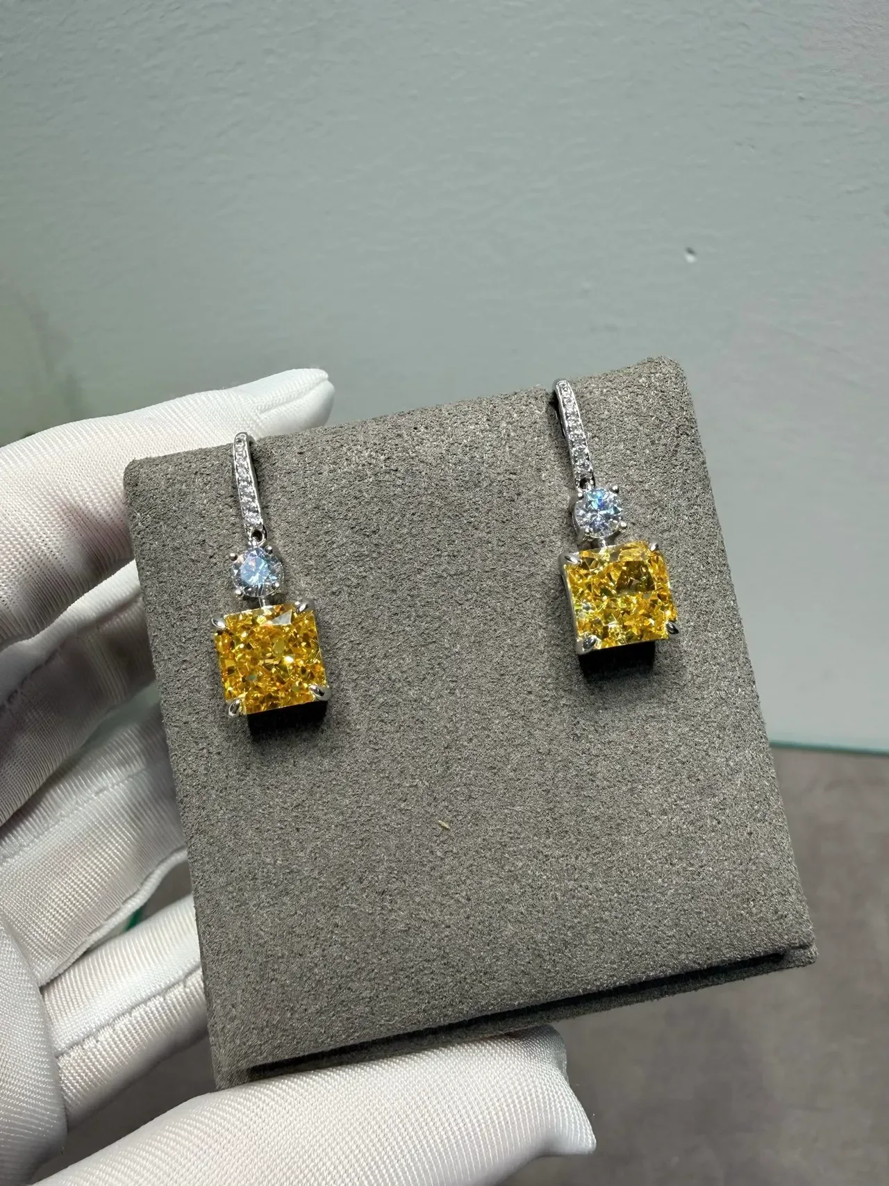 Yellow Silver Square-Cut Gemstone Dangling Drop Design Earrings 2