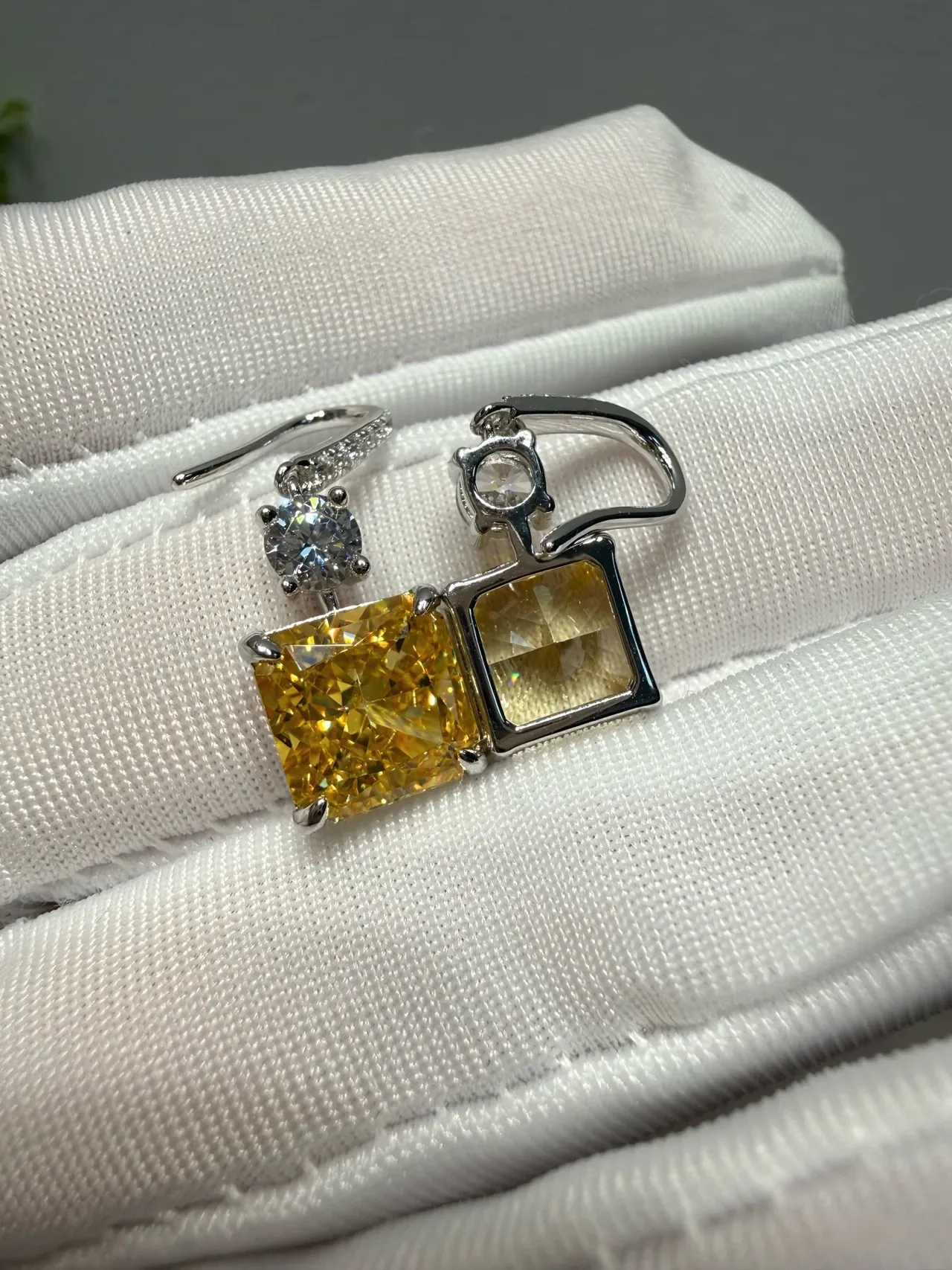 Yellow Silver Square-Cut Gemstone Dangling Drop Design Earrings 4
