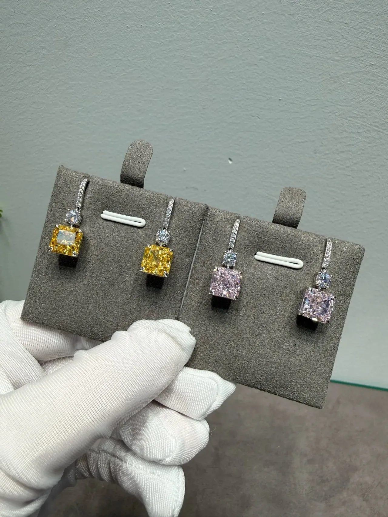 Yellow Silver Square-Cut Gemstone Dangling Drop Design Earrings 5