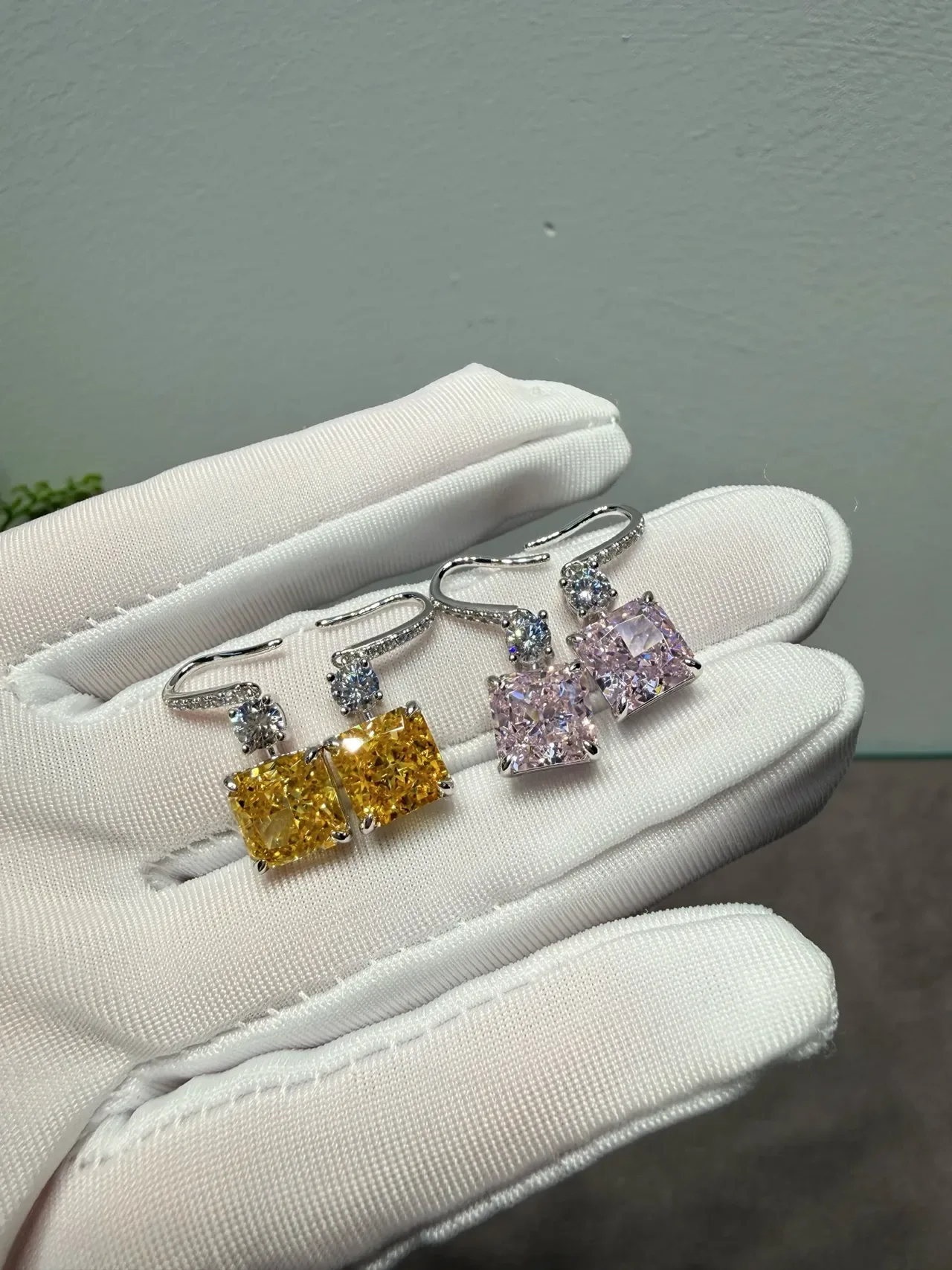 Yellow Silver Square-Cut Gemstone Dangling Drop Design Earrings 6