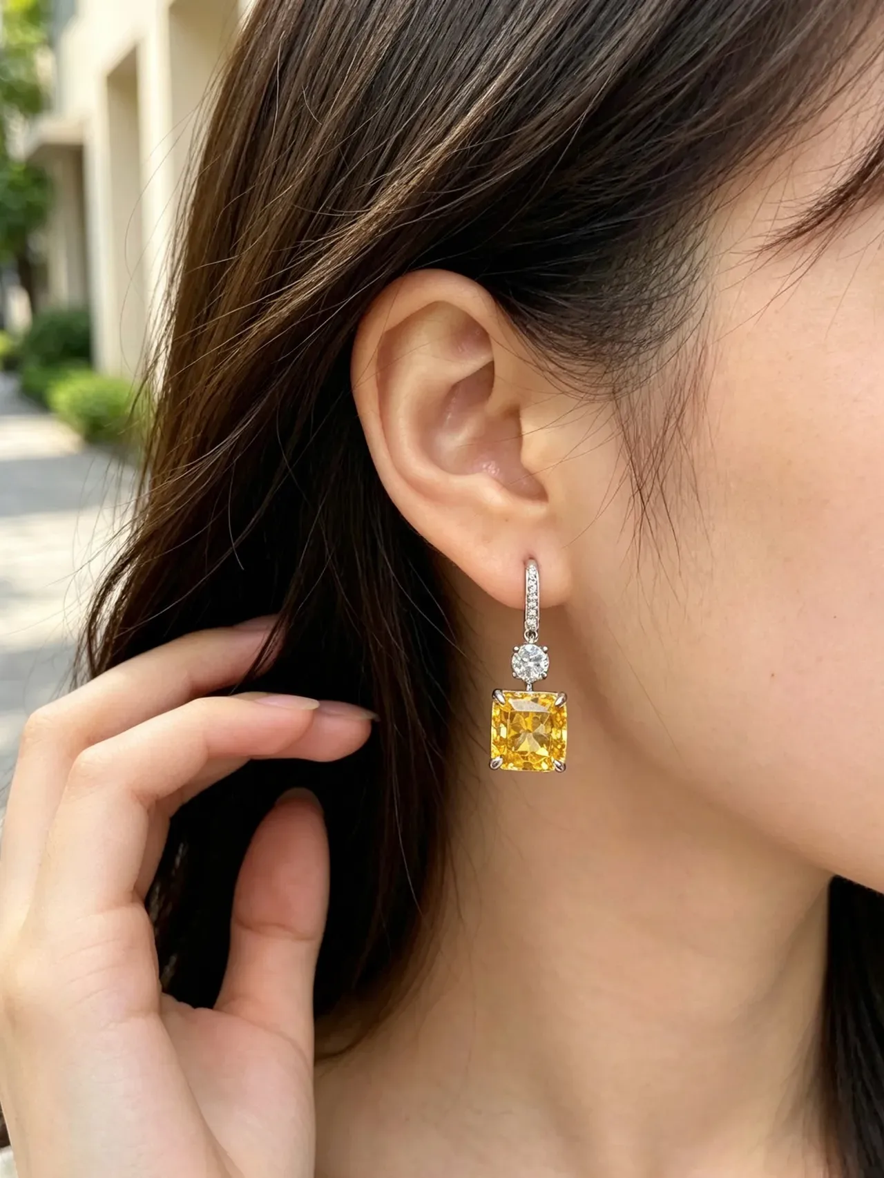 Yellow Silver Square-Cut Gemstone Dangling Drop Design Earrings 8
