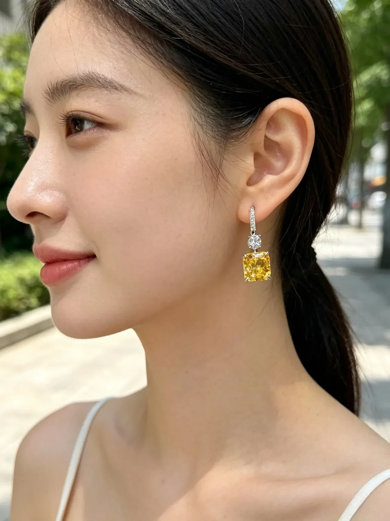Yellow Silver Square-Cut Gemstone Dangling Drop Design Earrings 9