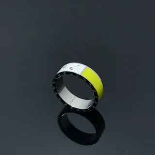 Yellow White Enamel-Block Design Engraved Outer Band Ring