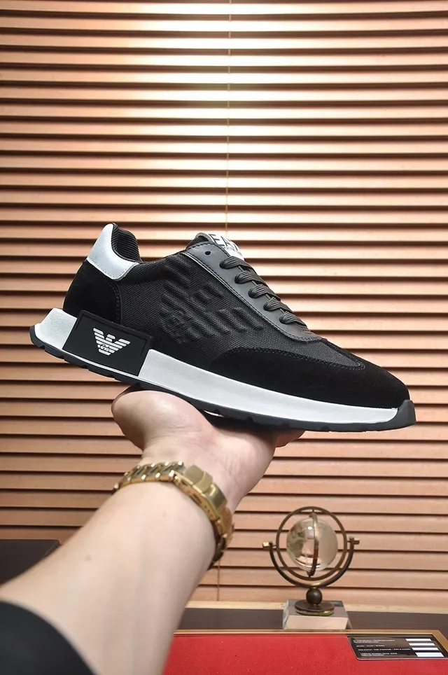 Giorgio Armani Black White Mesh And Synthetic Upper Contrast Heel Midsole Lifestyle Sneakers 2