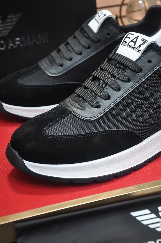 Giorgio Armani Black White Mesh And Synthetic Upper Contrast Heel Midsole Lifestyle Sneakers 8