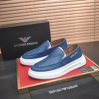 Giorgio Armani Blue White Leather Slip-On Embossed Eagle Detail Loafer