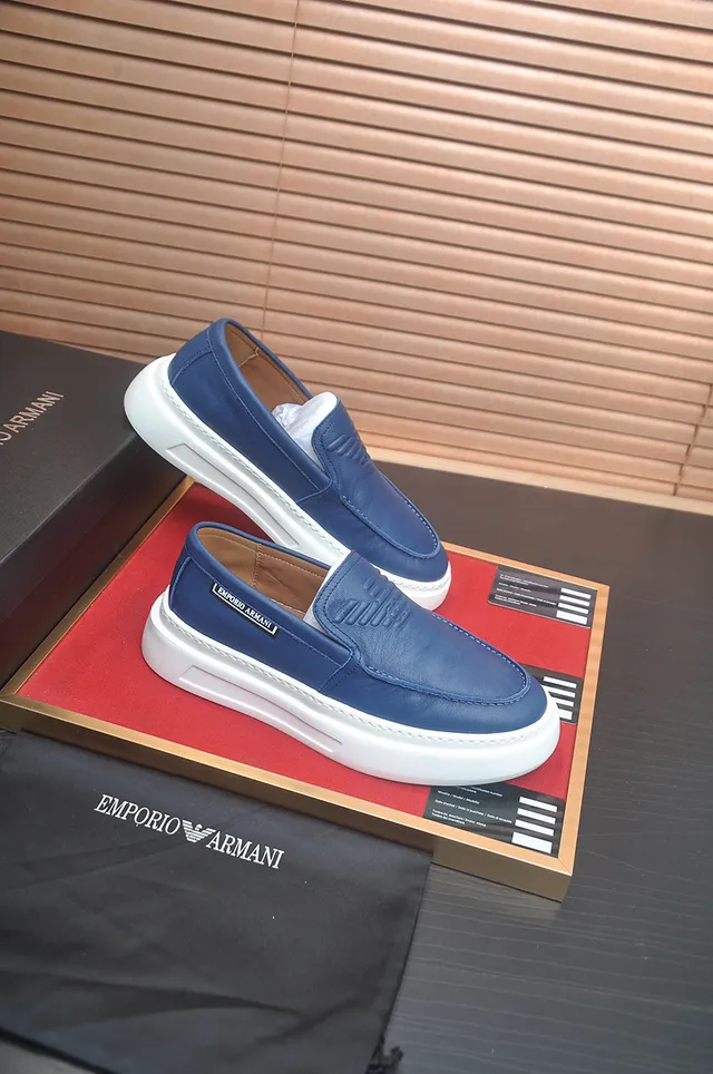 Giorgio Armani Blue White Leather Slip-On Embossed Eagle Detail Loafer 4