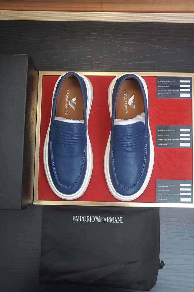 Giorgio Armani Blue White Leather Slip-On Embossed Eagle Detail Loafer 5