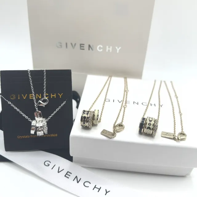 Givenchy Pandora Silver Transparent Cylindrical Multi-Ring Pendant Pavé Crystal Band Necklace 2