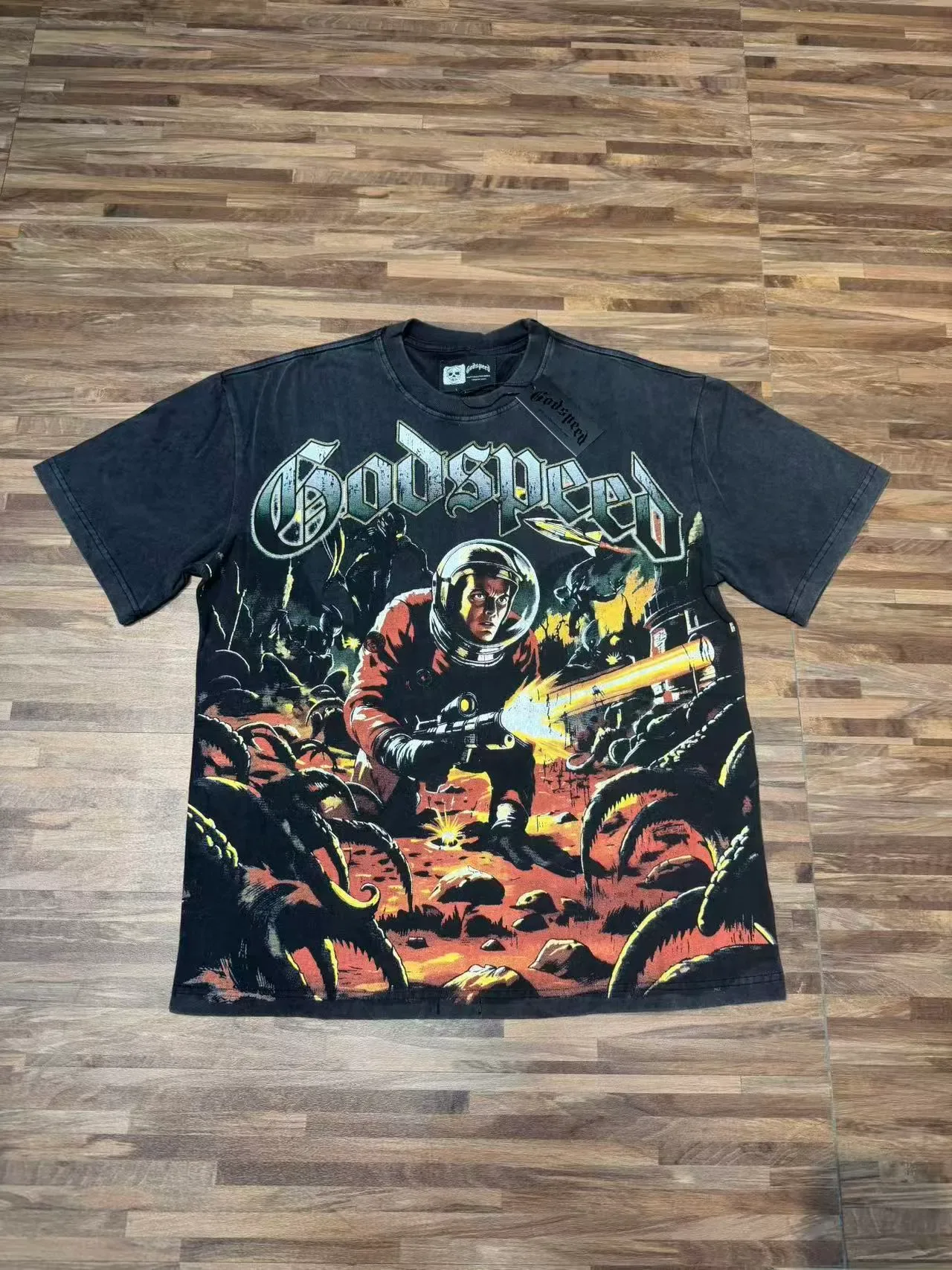 Godspeed Distressed Black Astronaut Combat Graphic T-Shirt 2