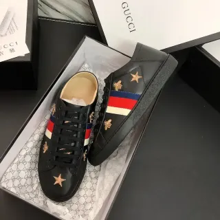 Gucci Ace Black Leather Embroidered Bee and Star Lifestyle Sneakers