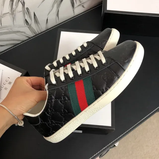 Gucci Ace Black Monogram Web Stripe Lifestyle Sneakers 4