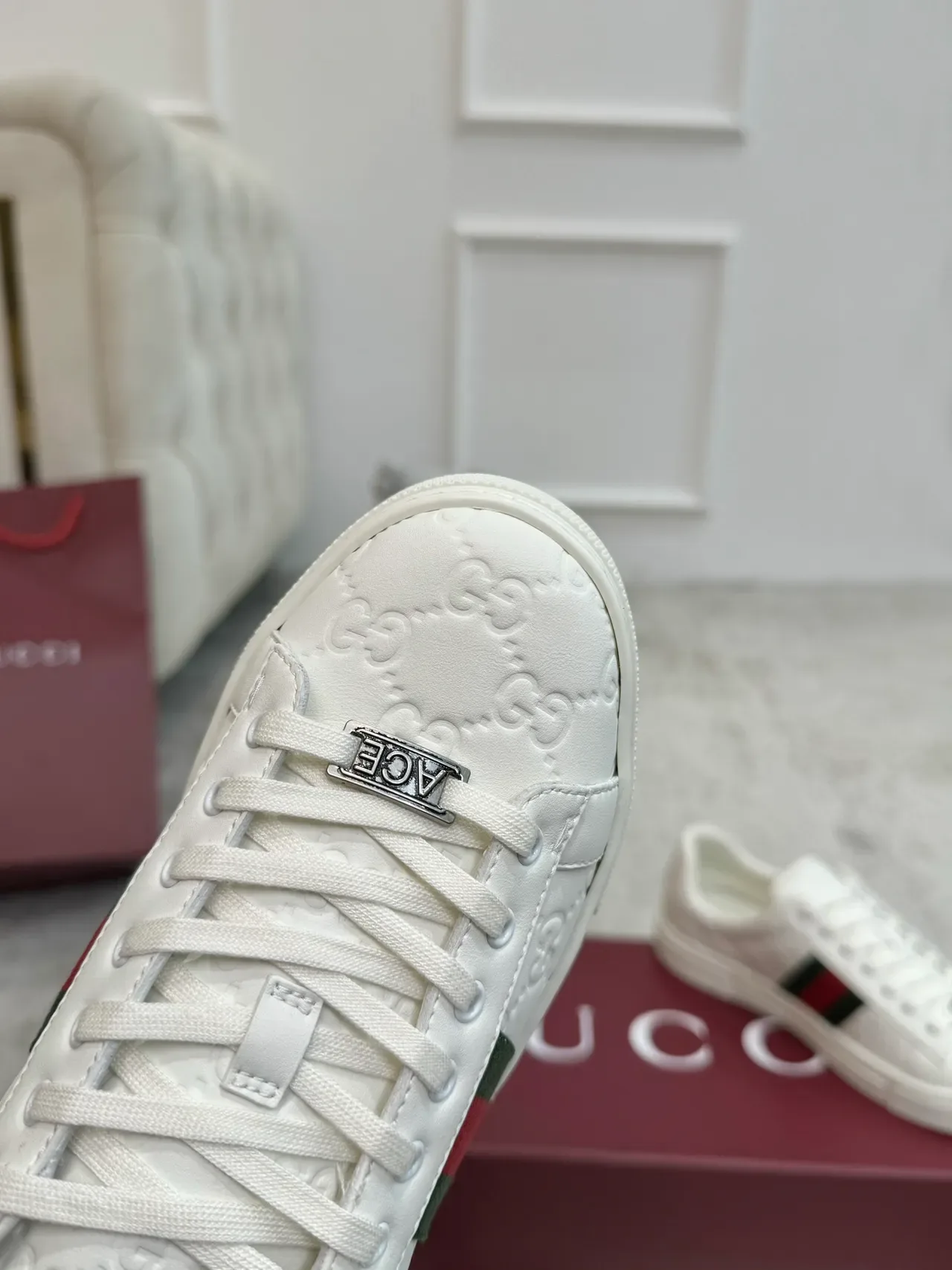 Gucci Ace White Embossed GG Web Stripe Lifestyle Sneakers 3