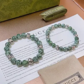 Gucci Beaded Green Speckled Stone and Silver Interlocking G Charms Bracelets