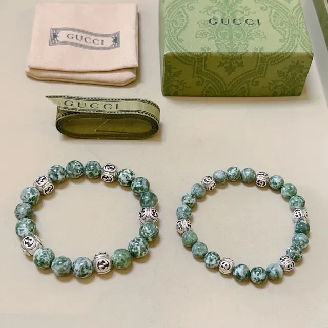 Gucci Beaded Green Speckled Stone and Silver Interlocking G Charms Bracelets 3