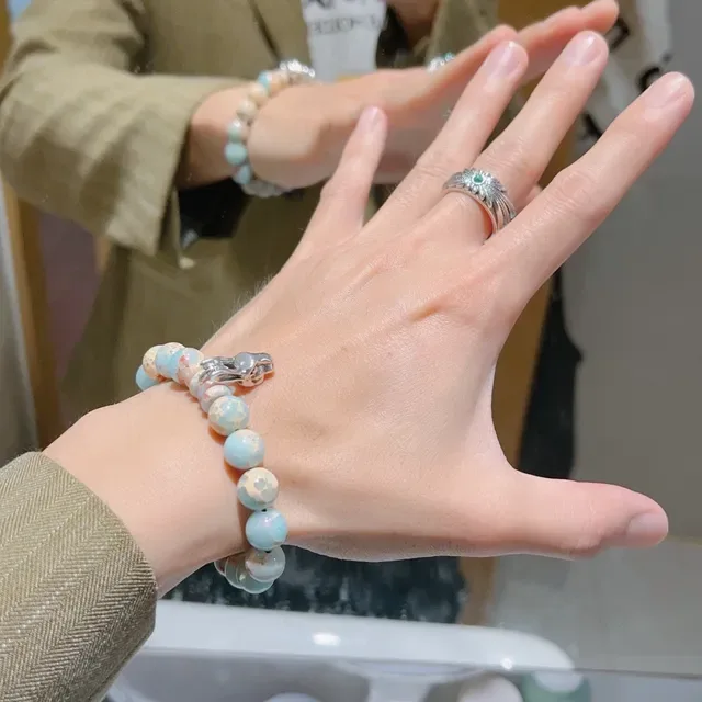 Gucci Beaded Marbled Stone and Silver-Tone Charm Bracelet 2