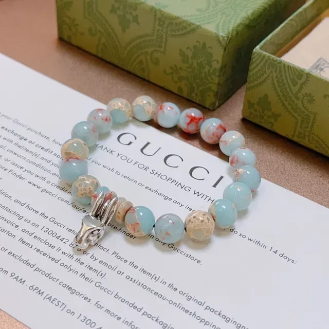 Gucci Beaded Marbled Stone and Silver-Tone Charm Bracelet 9