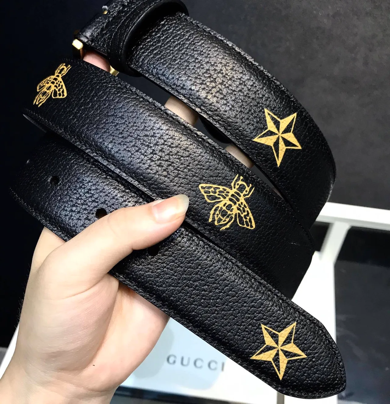 Gucci Bee and Star Motif Black Leather Belt 3