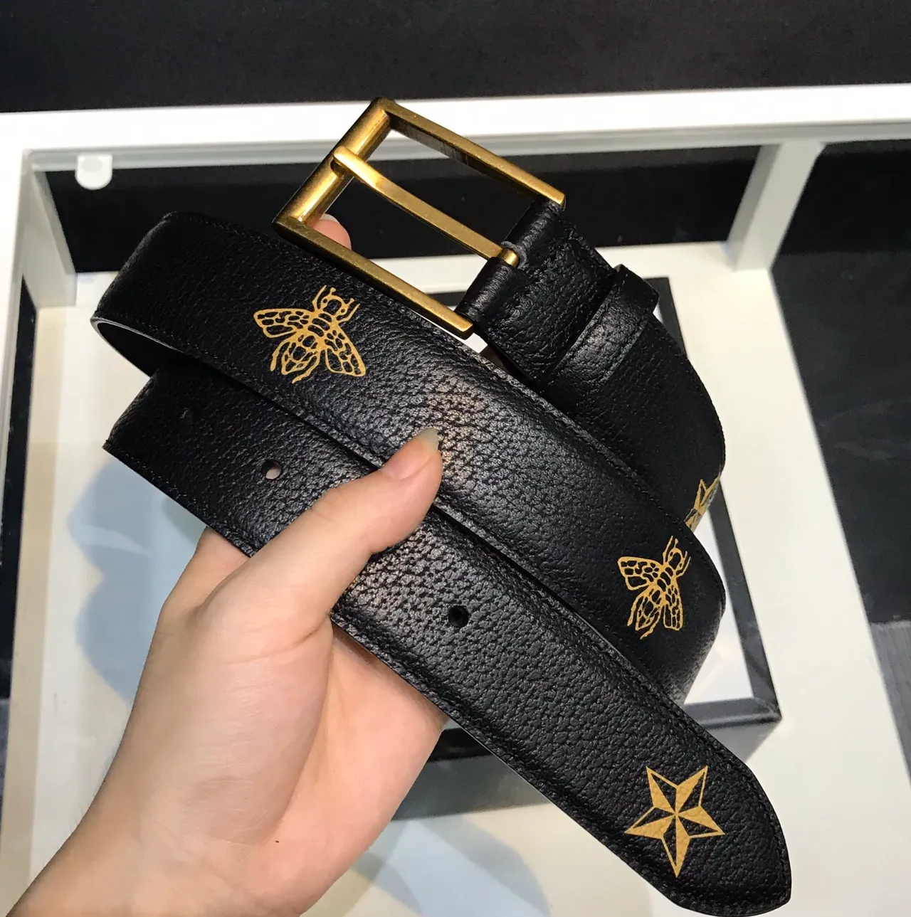 Gucci Bee and Star Motif Black Leather Belt 4