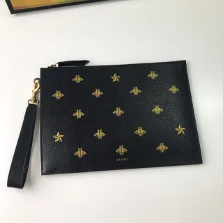 Gucci Bee and Star Motif Black Leather Wristlet