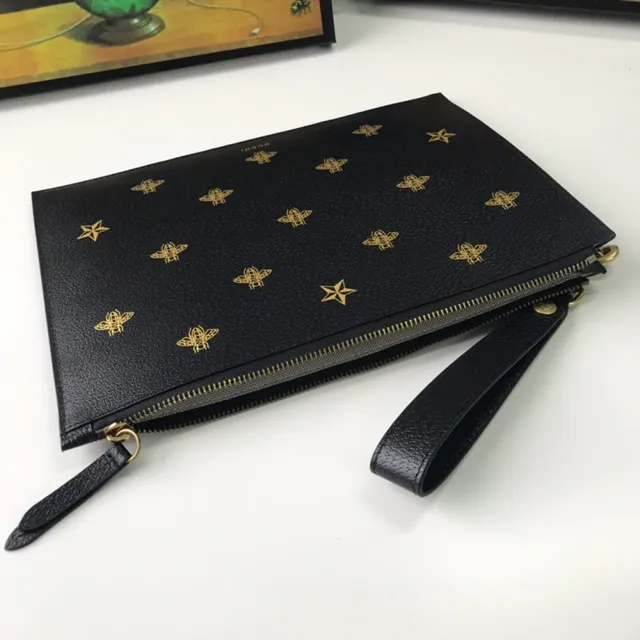 Gucci Bee and Star Motif Black Leather Wristlet 2