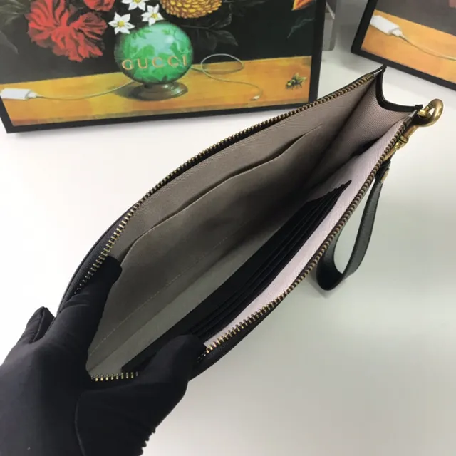 Gucci Bee and Star Motif Black Leather Wristlet 3