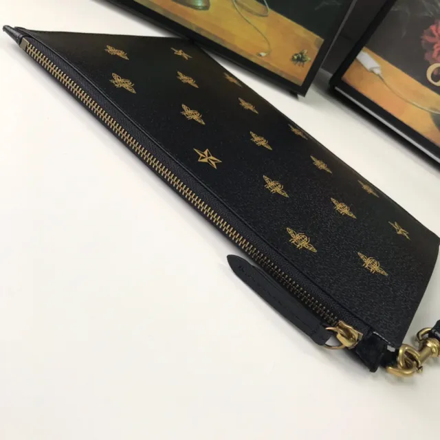 Gucci Bee and Star Motif Black Leather Wristlet 5