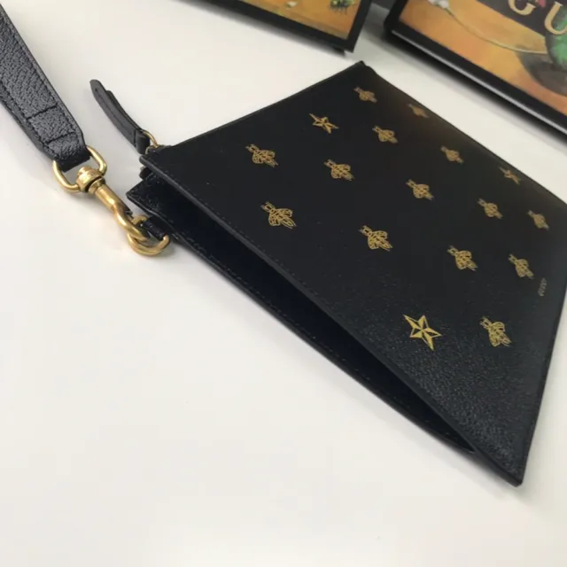 Gucci Bee and Star Motif Black Leather Wristlet 6
