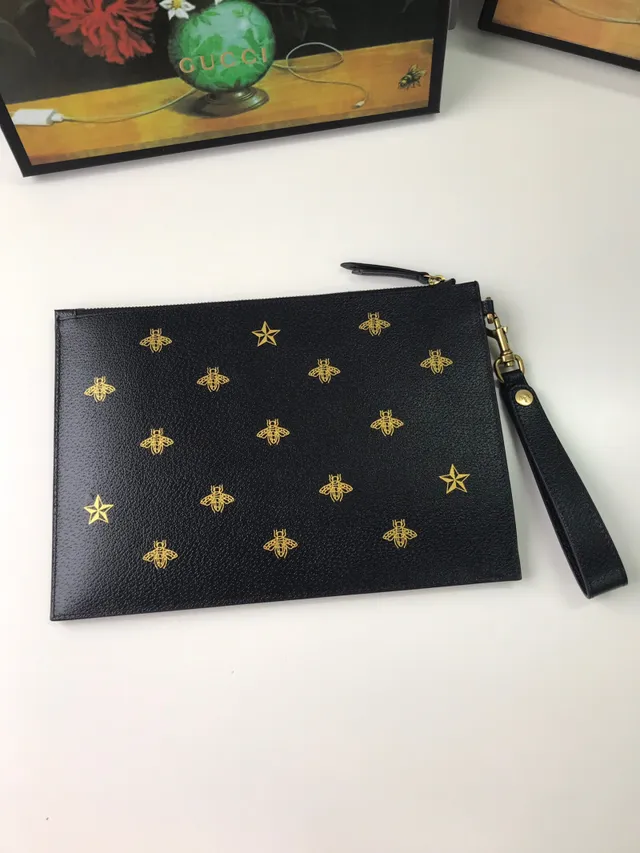 Gucci Bee and Star Motif Black Leather Wristlet 9