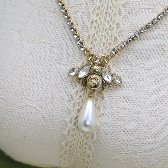 Gucci Bee Crystal and Pearl Drop Necklace 4