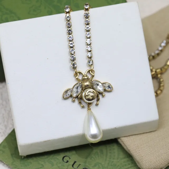 Gucci Bee Crystal and Pearl Drop Necklace 6
