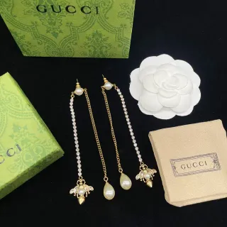 Gucci Bee Motif Asymmetrical Pearl and Crystal Drop Earrings