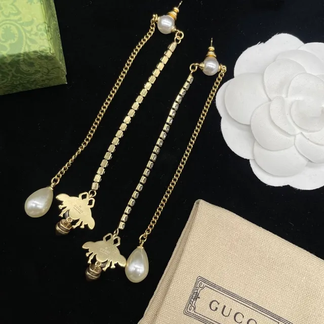 Gucci Bee Motif Asymmetrical Pearl and Crystal Drop Earrings 2