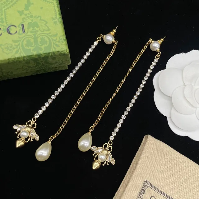 Gucci Bee Motif Asymmetrical Pearl and Crystal Drop Earrings 3