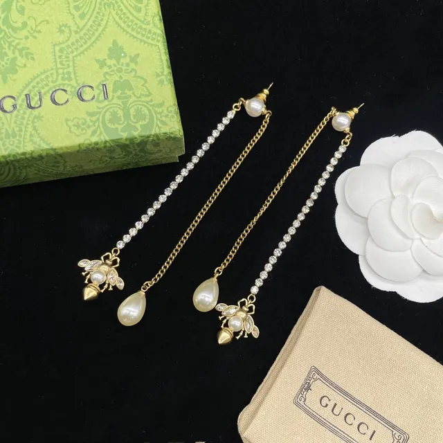 Gucci Bee Motif Asymmetrical Pearl and Crystal Drop Earrings 4