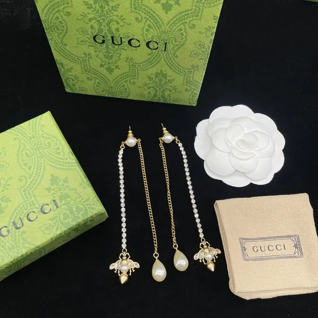 Gucci Bee Motif Asymmetrical Pearl and Crystal Drop Earrings 5