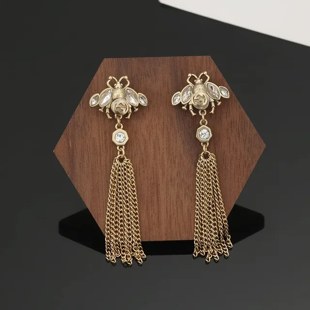 Gucci Bee Motif Crystal Pearl Chain Tassel Earrings 2