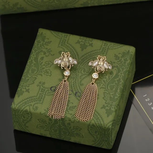 Gucci Bee Motif Crystal Pearl Chain Tassel Earrings 3
