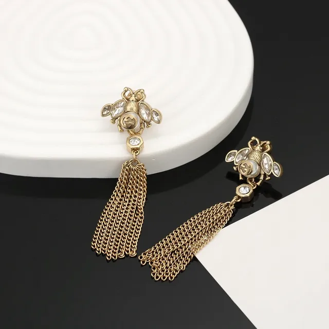 Gucci Bee Motif Crystal Pearl Chain Tassel Earrings 4